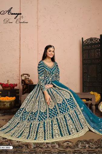 DARK TURQUOISE COLOR CORD N SEQUNCE WORK NET DESIGN GOWN