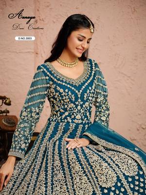 DARK TURQUOISE CORD N SEQUNCE WORK NET DESIGN GOWN 4