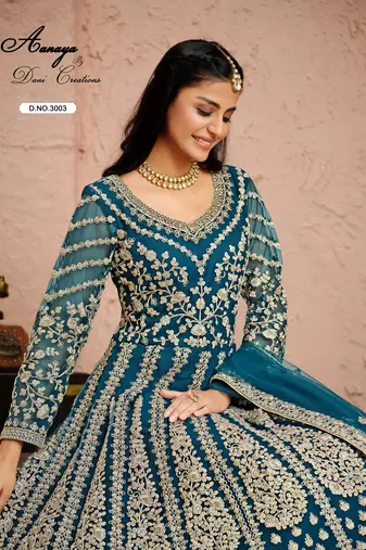 DARK TURQUOISE COLOR CORD N SEQUNCE WORK NET DESIGN GOWN