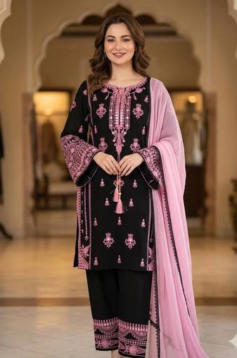 Black Rayon Embroidered mirror Kurta Pant Set with Dupatta