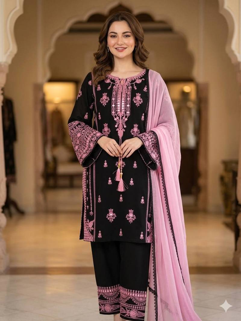 Black Rayon Embroidered mirror Kurta Pant Set with Dupatta