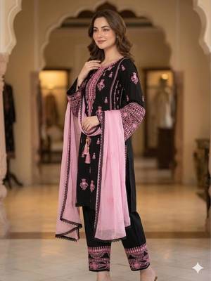 Black Rayon Embroidered mirror Kurta Pant Set with Dupatta 2