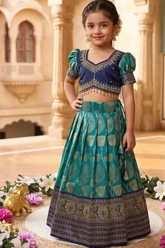 Teal pure silk zari with heavy maggam work lehenga choli