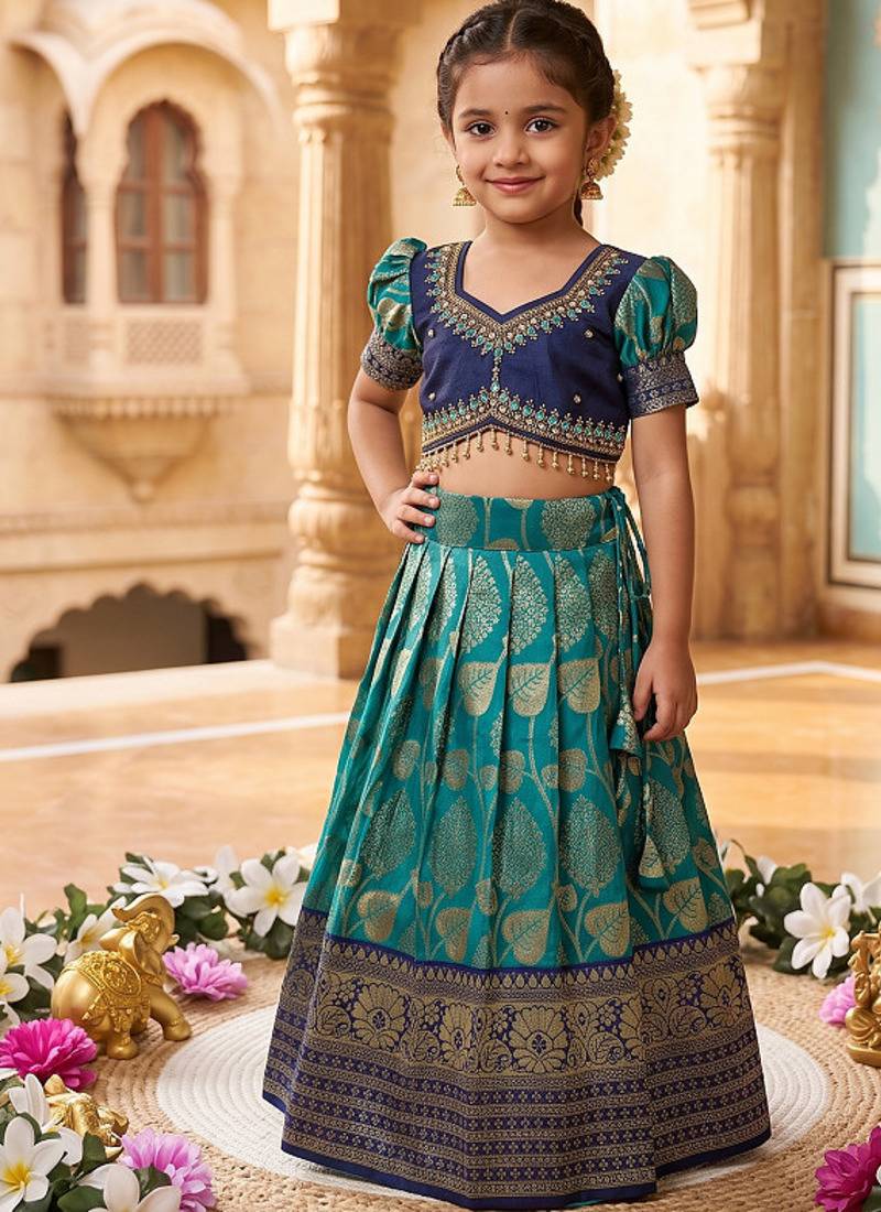 Teal pure silk zari with heavy maggam work lehenga choli