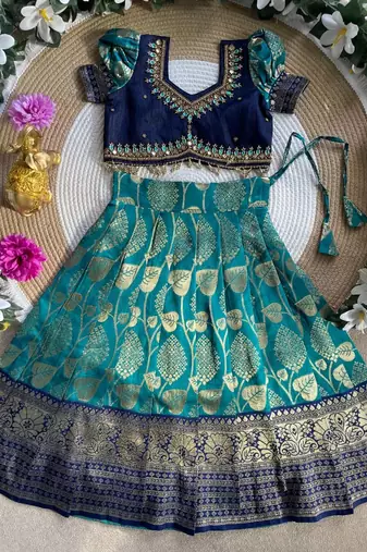 Teal pure silk zari with heavy maggam work lehenga choli