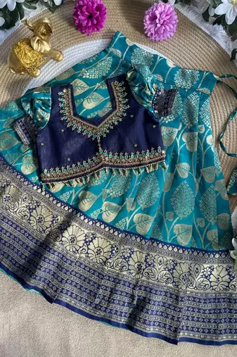 Teal pure silk zari with heavy maggam work lehenga choli