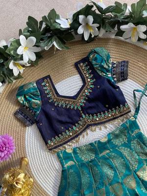 Teal pure silk zari with heavy maggam work lehenga choli 4