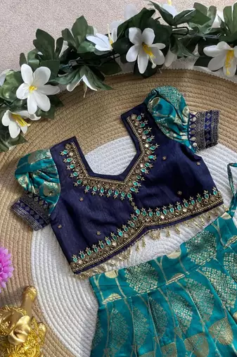 Teal pure silk zari with heavy maggam work lehenga choli