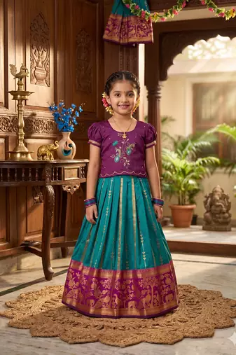 Teal pure silk zari with heavy maggam work lehenga choli