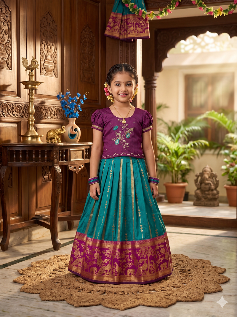 Teal pure silk zari with heavy maggam work lehenga choli