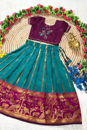 Teal pure silk zari with heavy maggam work lehenga choli