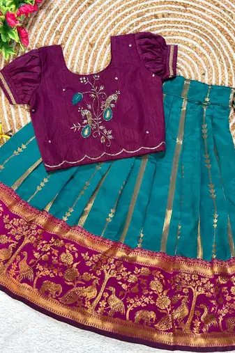 Teal pure silk zari with heavy maggam work lehenga choli