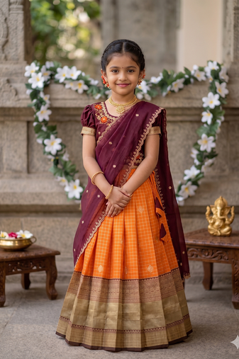 Vichitra silk zari with heavy maggam work kids half saree