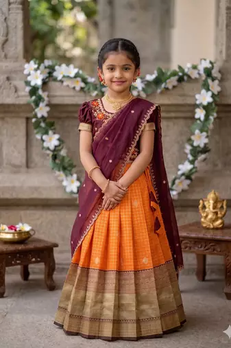 Vichitra silk zari with heavy maggam work kids half saree