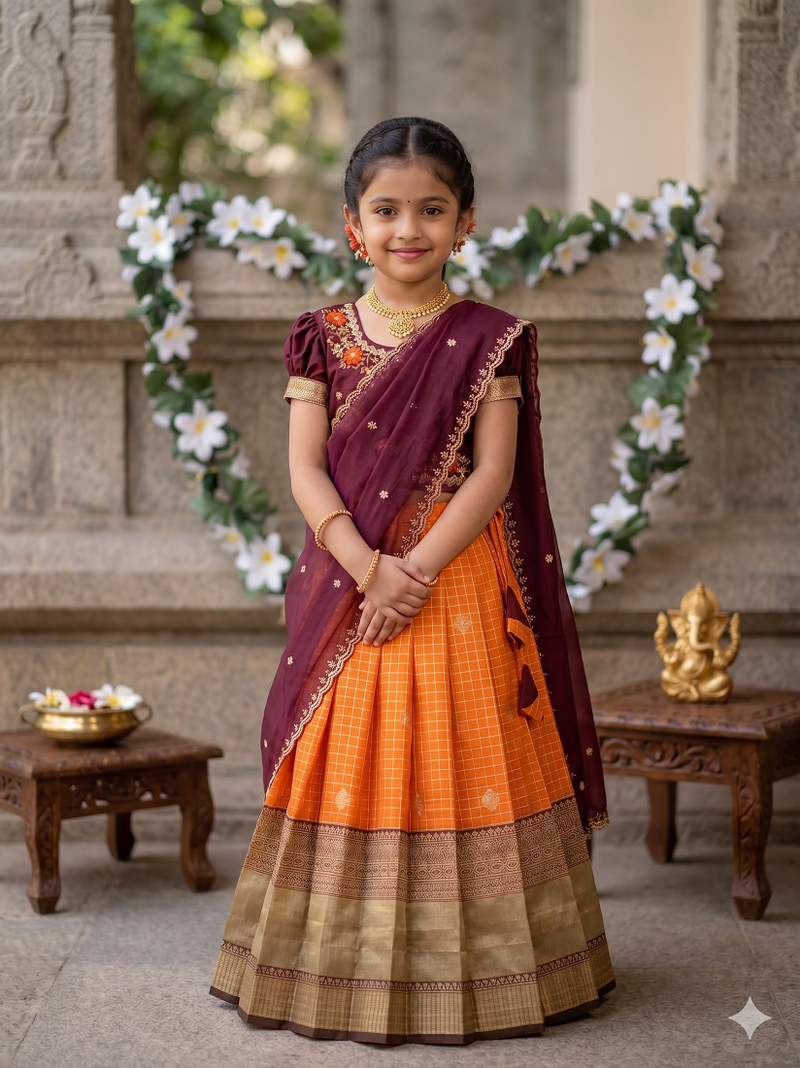 Vichitra silk zari with heavy maggam work kids half saree