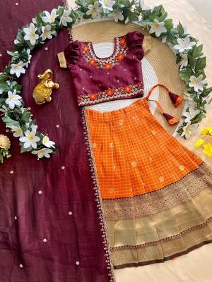 Vichitra silk zari with heavy maggam work kids half saree 2