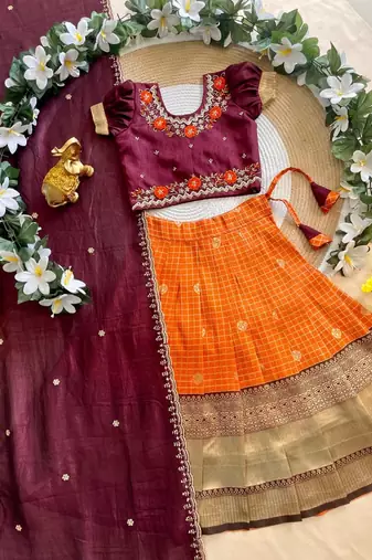 Vichitra silk zari with heavy maggam work kids half saree