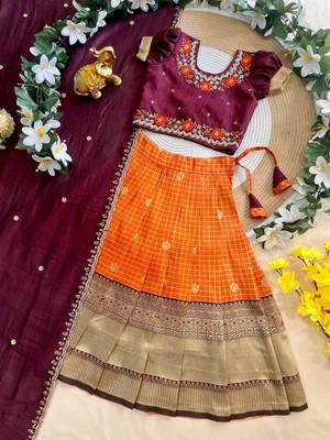 Vichitra silk zari with heavy maggam work kids half saree 3