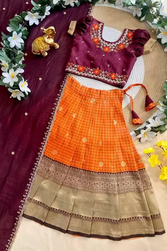 Vichitra silk zari with heavy maggam work kids half saree