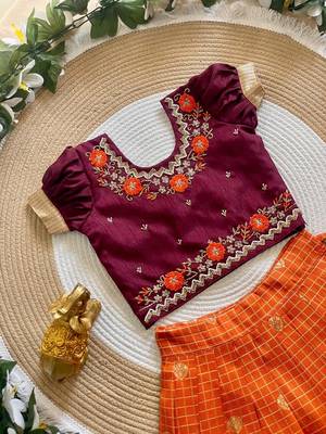 Vichitra silk zari with heavy maggam work kids half saree 4