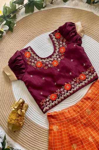 Vichitra silk zari with heavy maggam work kids half saree