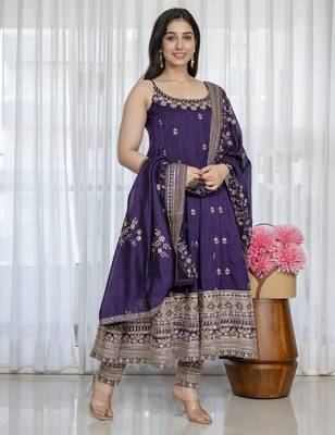 Purple vichitra silk party wear embroidery suit set 7