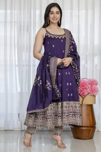 Purple vichitra silk party wear embroidery suit set
