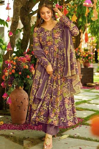 Purple muslin anarkali salwar suit