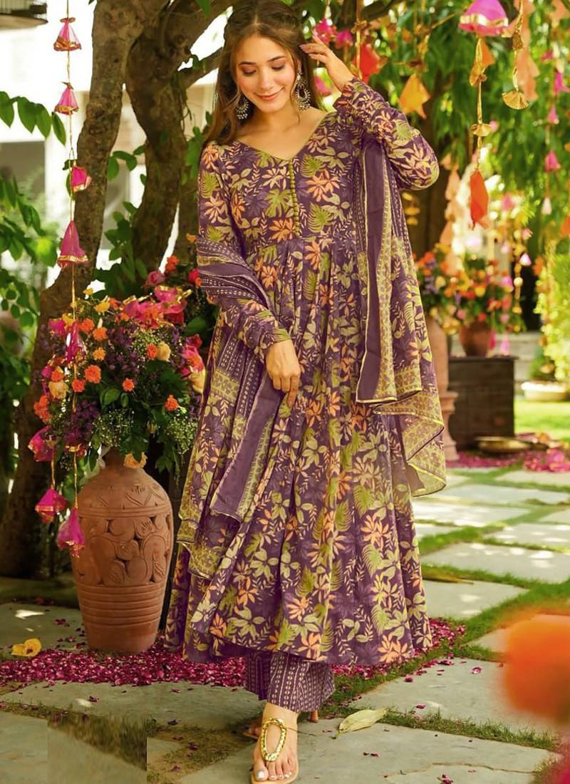 Purple muslin anarkali salwar suit