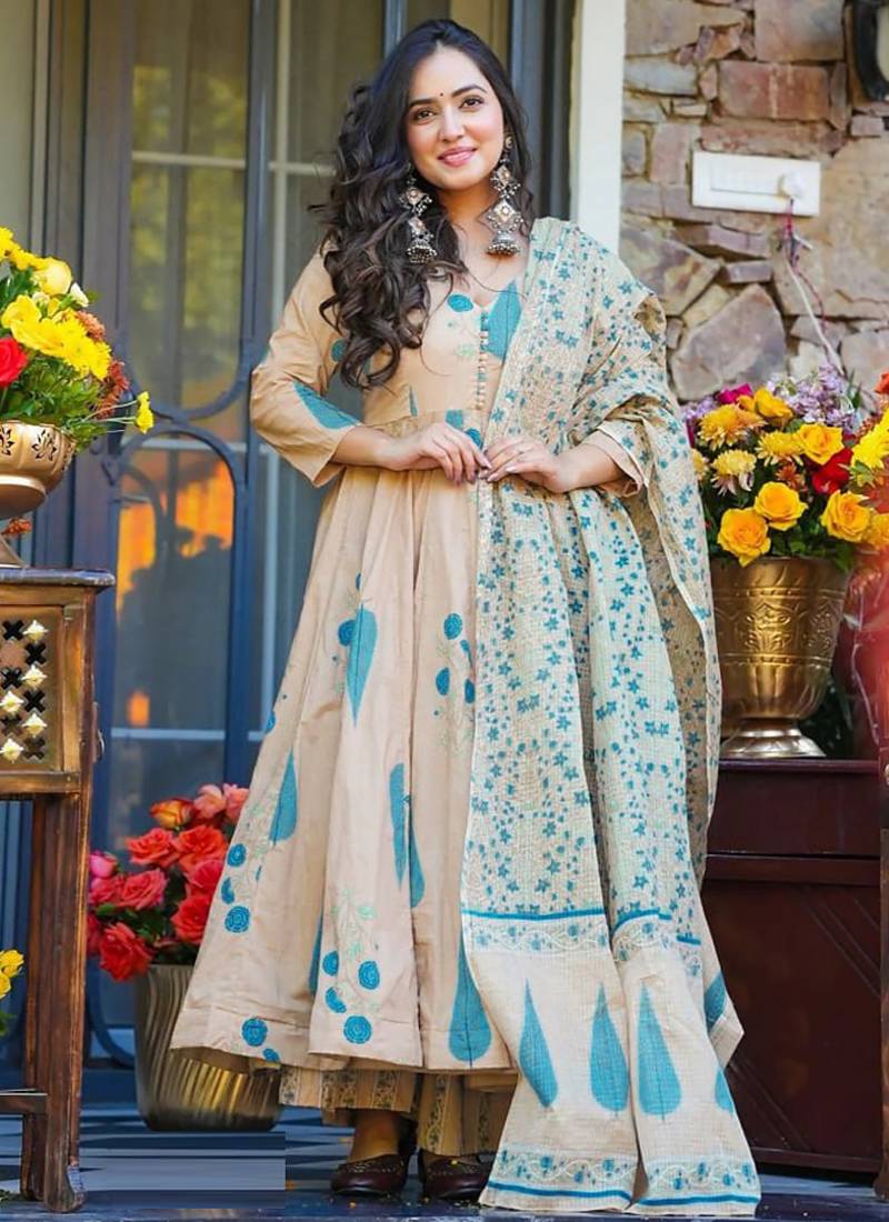 Cream muslin anarkali salwar suit