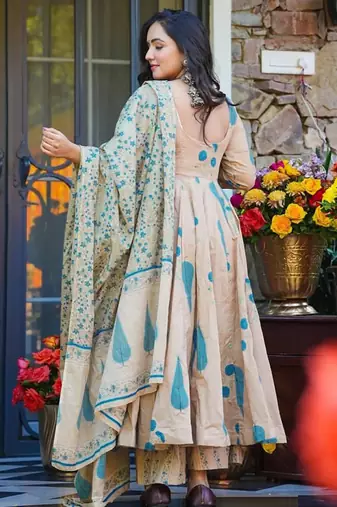 Cream muslin anarkali salwar suit