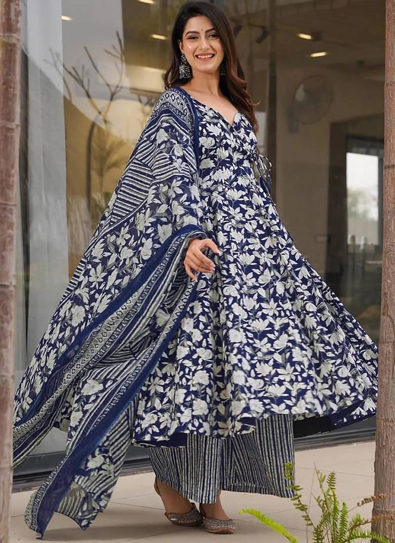 Navy blue muslin anarkali salwar suit