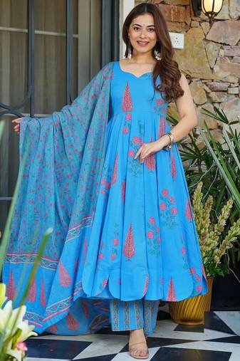 Sky blue muslin anarkali salwar suit