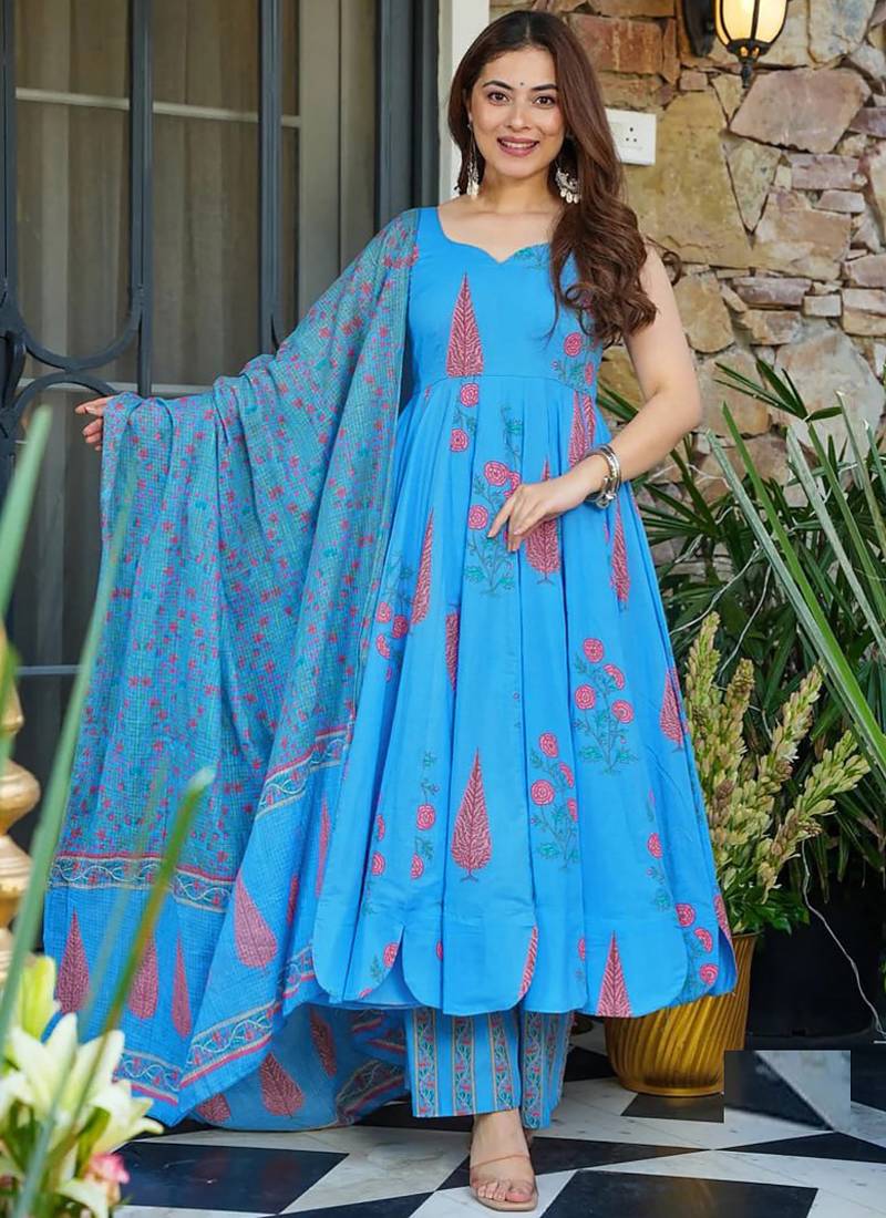 Sky blue muslin anarkali salwar suit