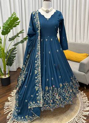 teal crepe anarkali salwar suit dupatta 1