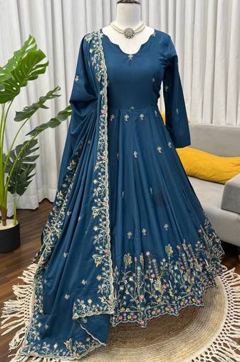 teal crepe anarkali salwar suit dupatta