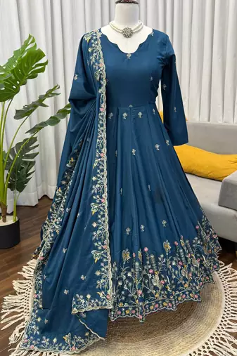 teal crepe anarkali salwar suit dupatta