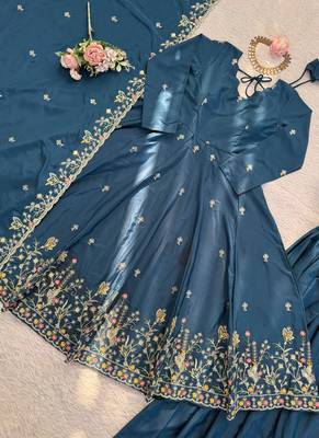 teal crepe anarkali salwar suit dupatta 2