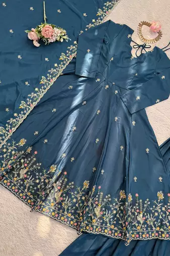 teal crepe anarkali salwar suit dupatta