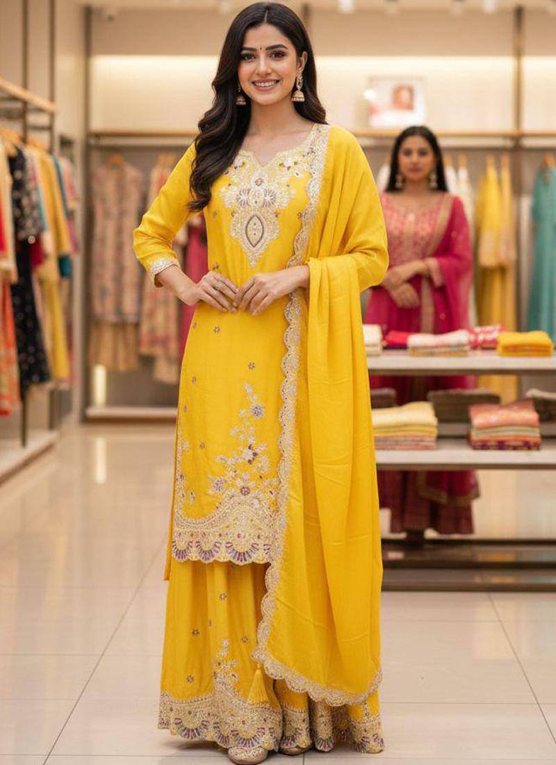 yellow chinon salwar suit dupatta