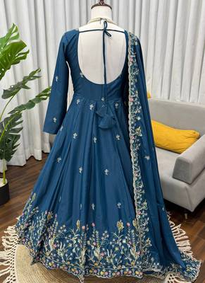 teal crepe anarkali salwar suit dupatta 3