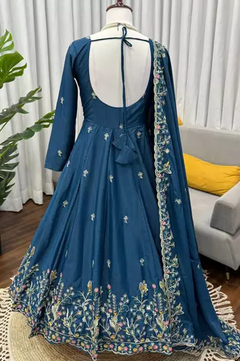 teal crepe anarkali salwar suit dupatta