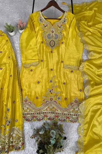 yellow chinon salwar suit dupatta