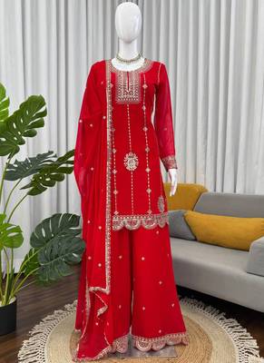 red faux georgette salwar suit dupatta 1