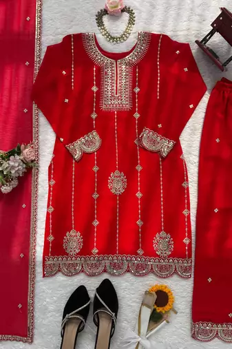 red faux georgette salwar suit dupatta