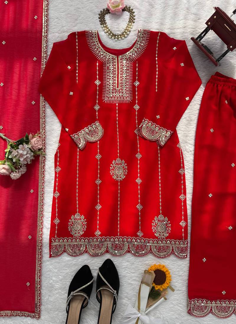 red faux georgette salwar suit dupatta