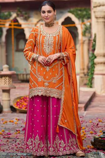 orange chinon silk blend salwar suit dupatta