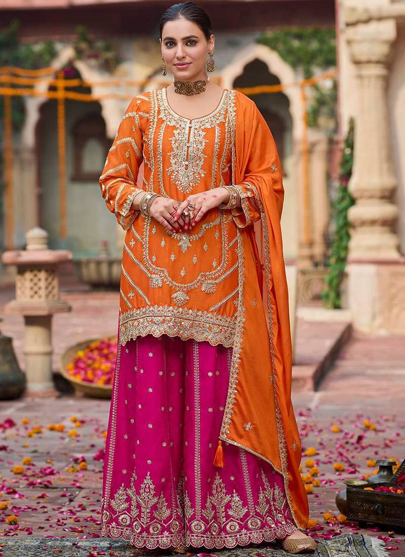 orange chinon silk blend salwar suit dupatta