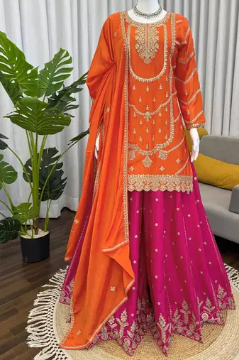 orange chinon silk blend salwar suit dupatta