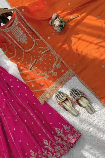 orange chinon silk blend salwar suit dupatta